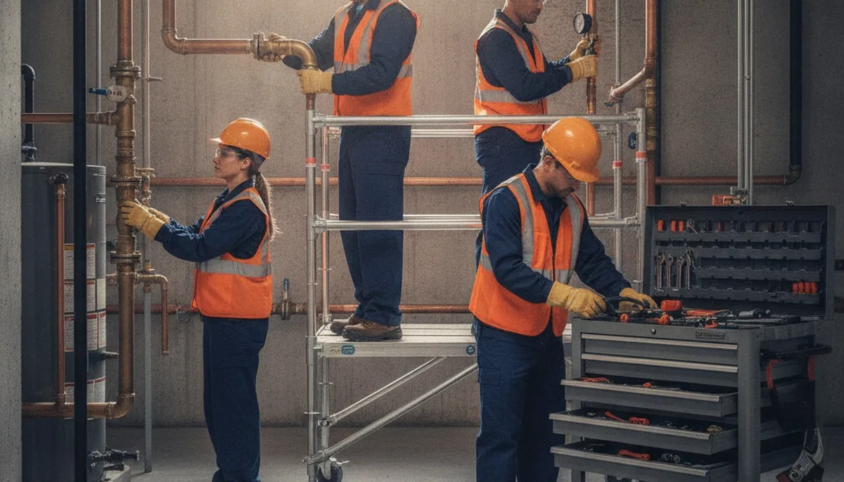 Plumbing repair technician fixing pipes in Chico, CA for a residential home service call